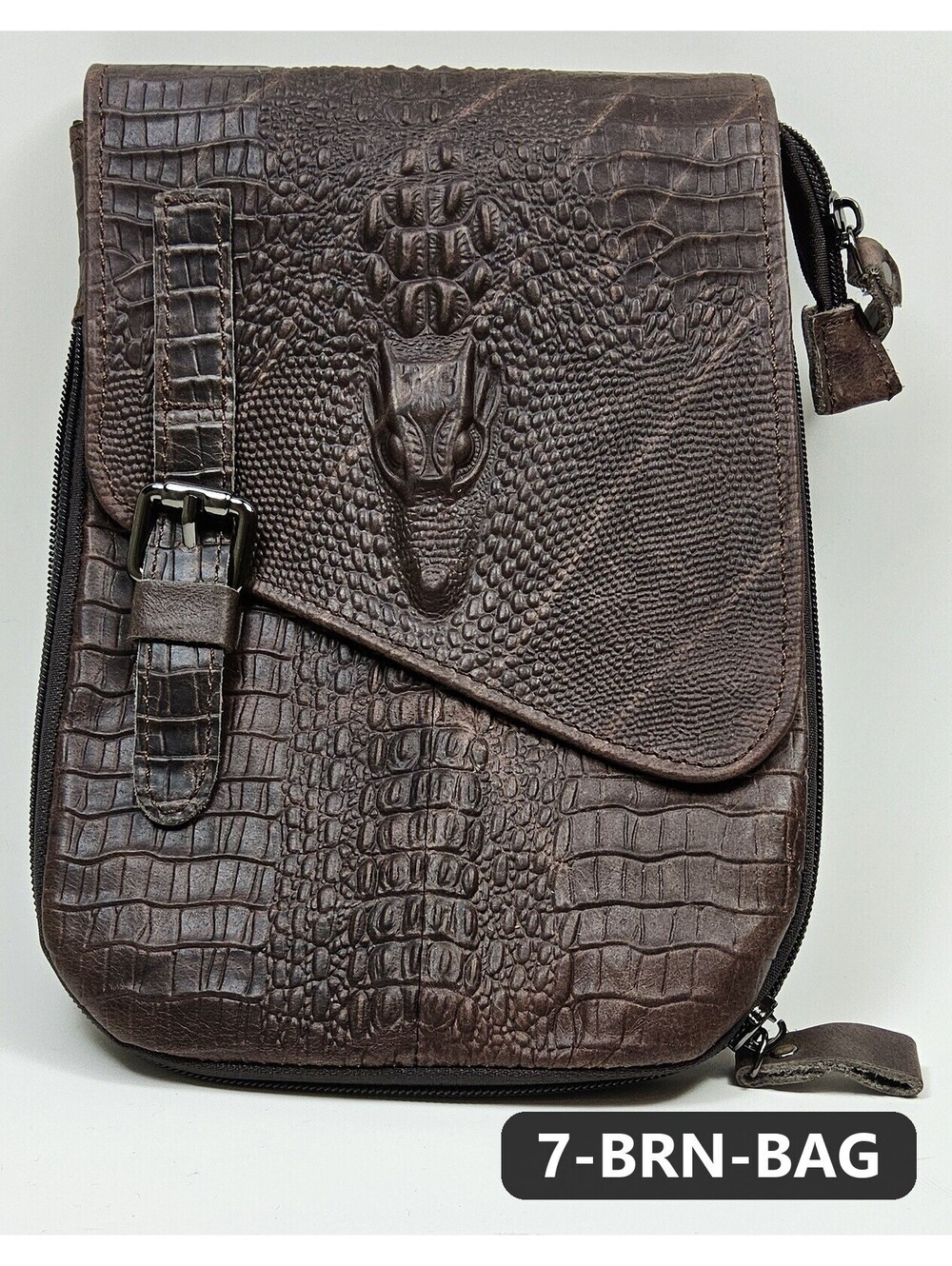 Brown Croc-Embossed Crossbody Sling Bag with Buckle Strap
